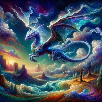 Primary subject: A dragon flying in the sky.

Setting/background: The sky is filled with clouds, and there are mountains in the background.

Visual style: The image is a digital art piece.

Colors and mood: The colors are vibrant and lively, creating a sense of excitement and adventure.